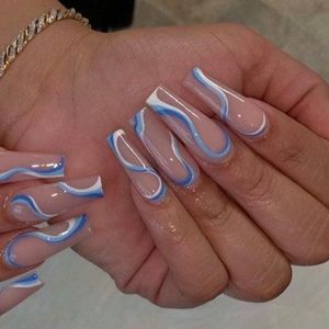 Long coffin blue line press on nails